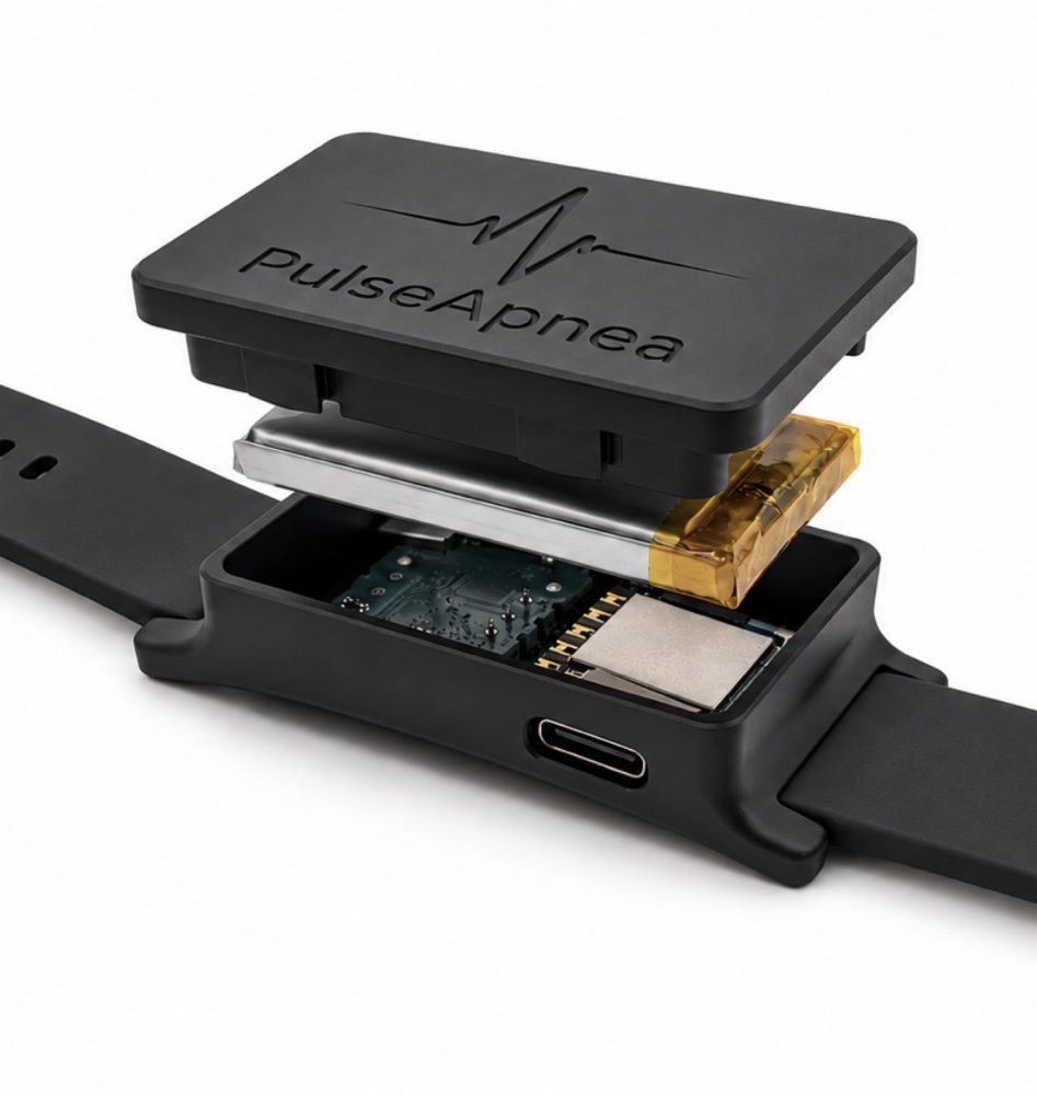 The PulseApnea wristband with its top cover lifted off, showing the battery, circuit board and USB-C port