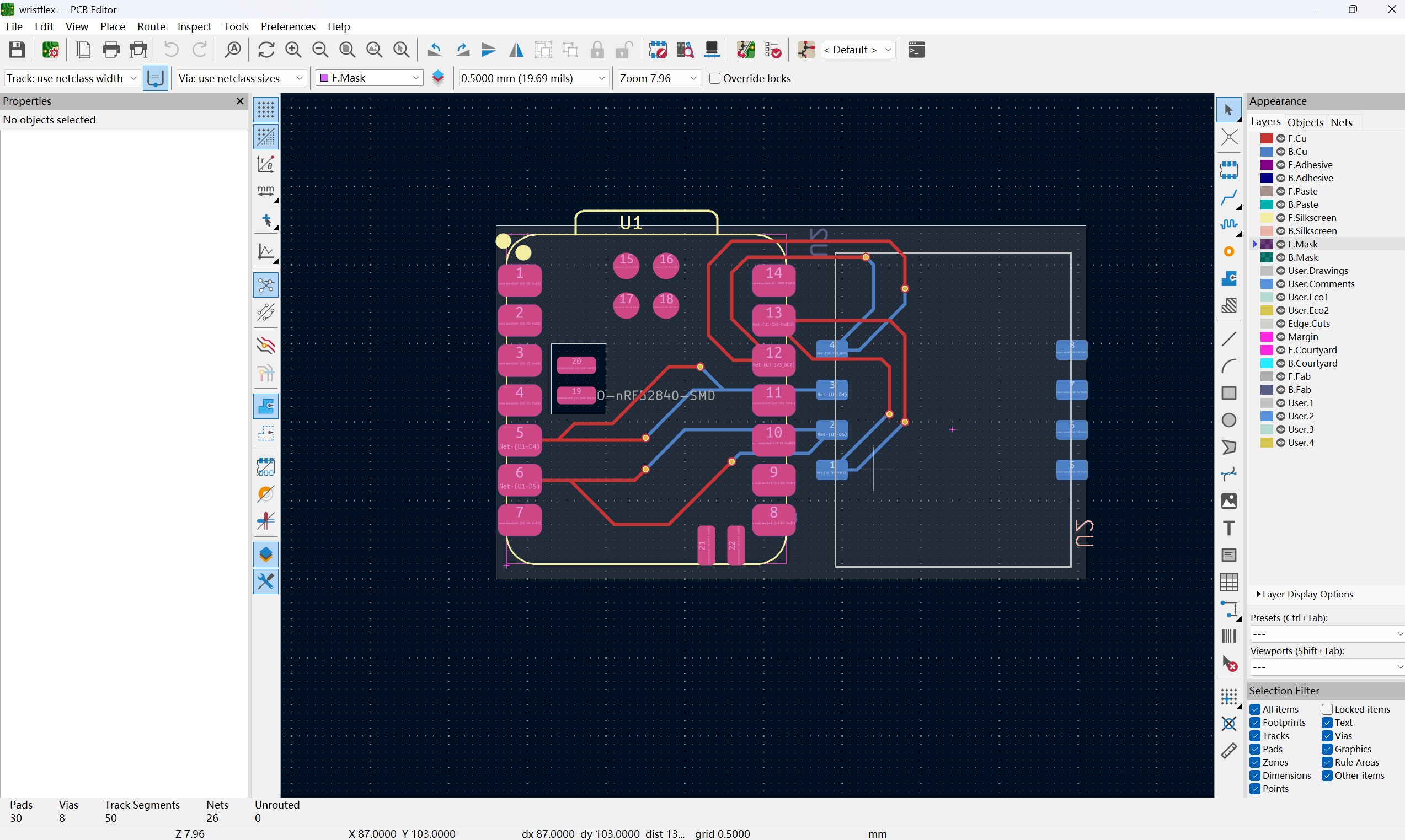 KiCad PCB editor with the wristflex board fully routed and no unrouted nets