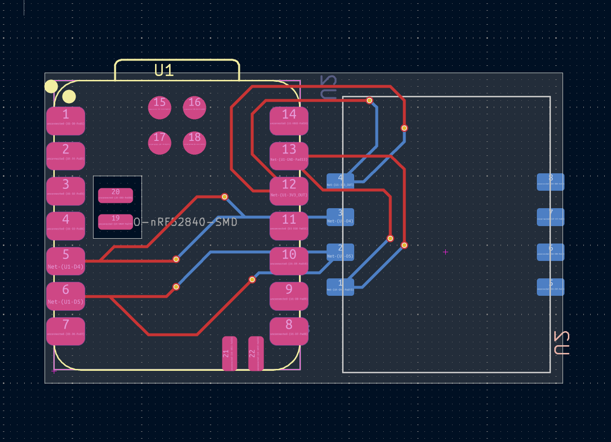 Routed two-layer PCB layout showing the XIAO footprint and the sensor pads