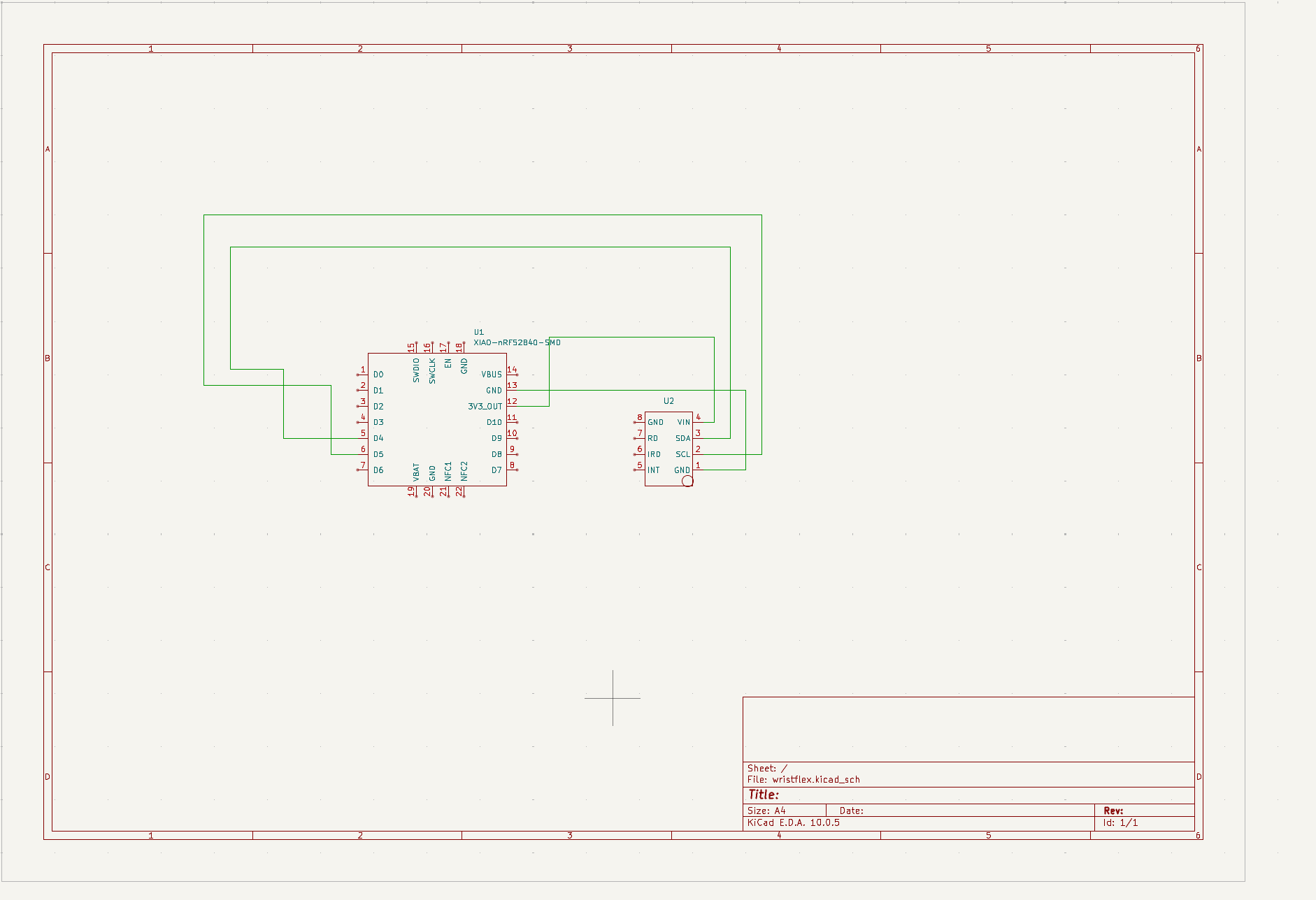 KiCad schematic wiring the XIAO nRF52840 to the pulse sensor over SDA, SCL, power and ground