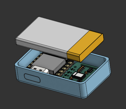 3D model of the first prototype: a light blue enclosure holding the microcontroller and circuit board, with the battery lifted off above it